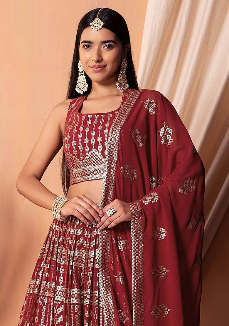 Maroon Sequin Embroidered Georgette Lehenga Set - Indya