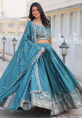 Blue Thread Work Chinon Lehenga Set