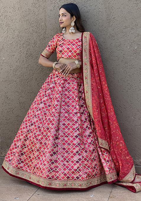 Pink Sequin Embroidered Art Silk Lehenga Set