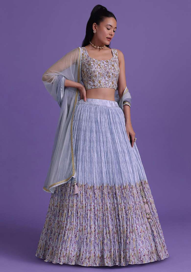 Blue Floral Print Georgette Lehenga Set - Indya
