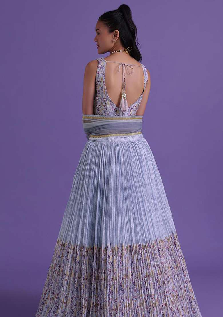 Blue Floral Print Georgette Lehenga Set - Indya