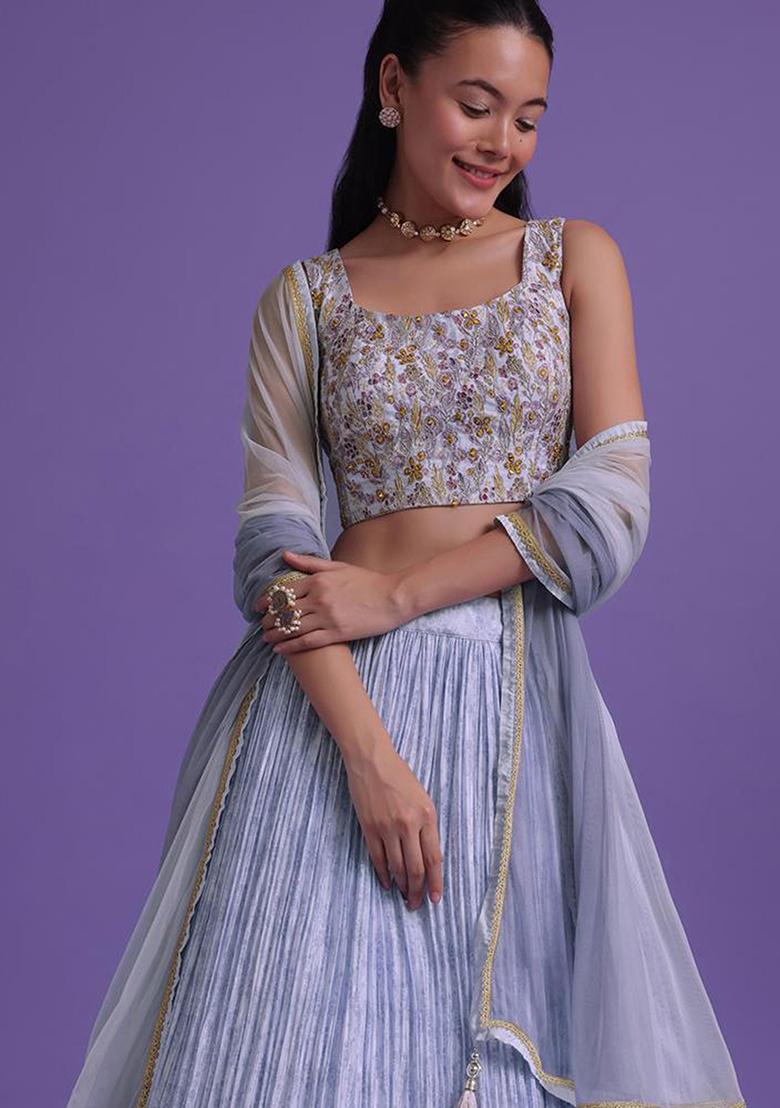 Blue Floral Print Georgette Lehenga Set