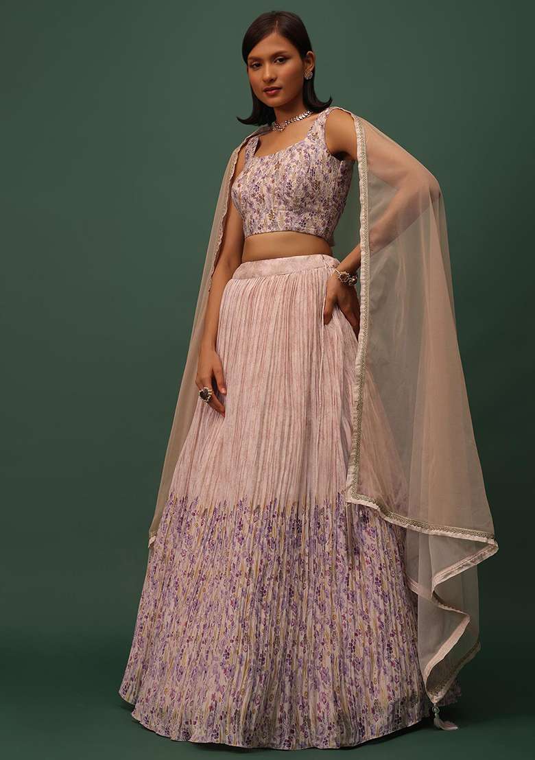 Peach Floral Print Georgette Lehenga Set - Indya