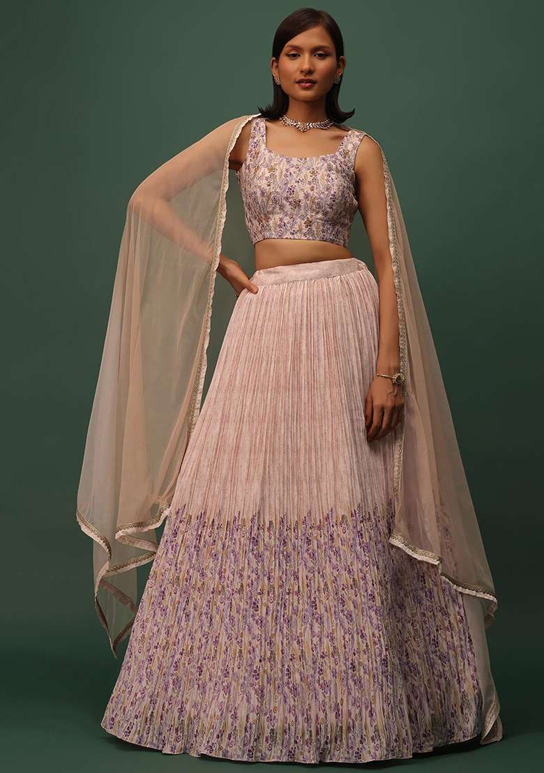 Peach Floral Print Georgette Lehenga Set - Indya