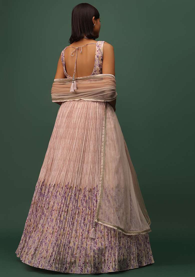 Peach Floral Print Georgette Lehenga Set - Indya