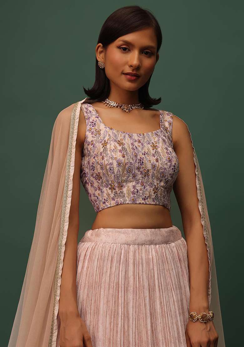 Peach Floral Print Georgette Lehenga Set - Indya