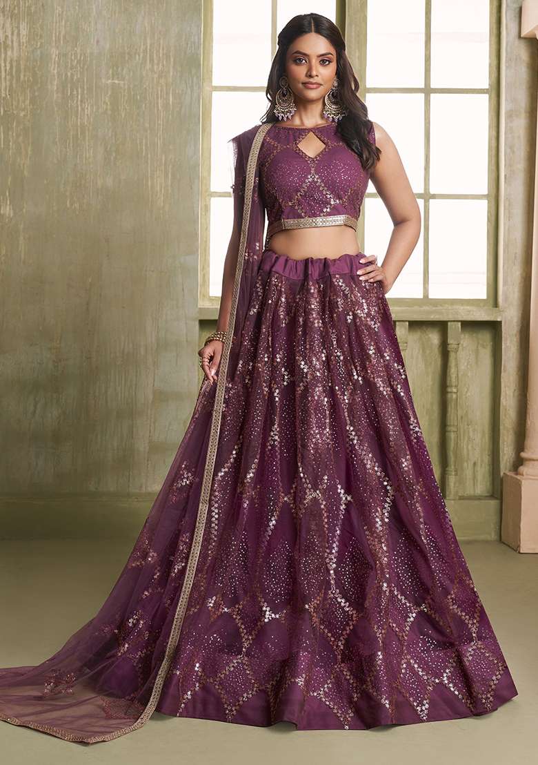 Wine Net Lehenga Set with Embroidered & Sequin for Diwali | Wedding & Festive Wear - Indya