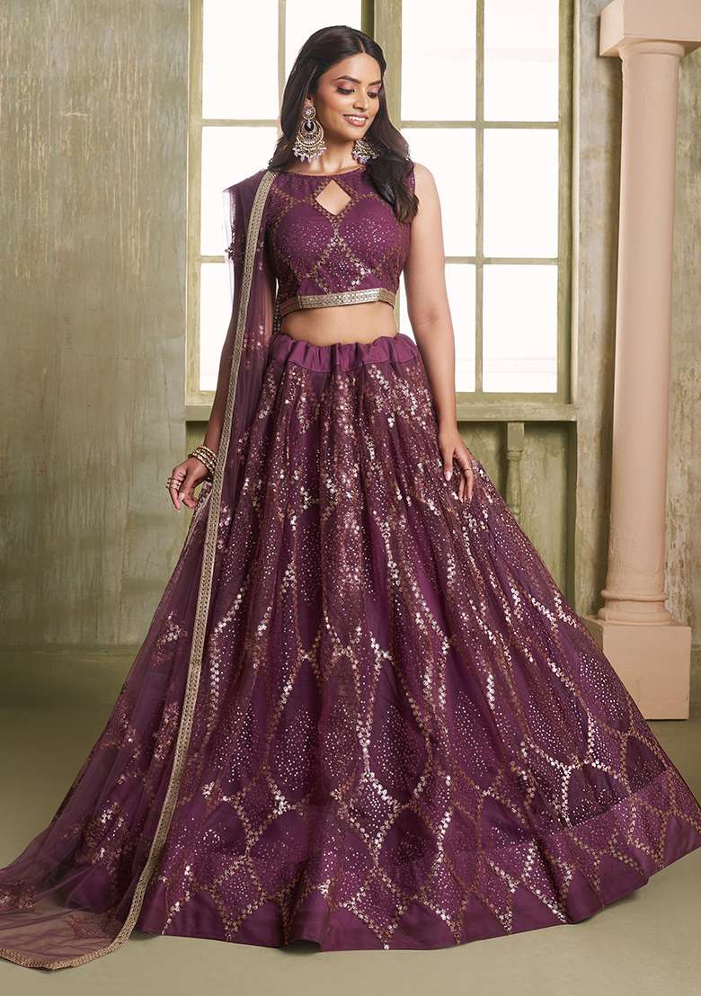 Wine Net Lehenga Set with Embroidered & Sequin for Diwali | Wedding & Festive Wear - Indya