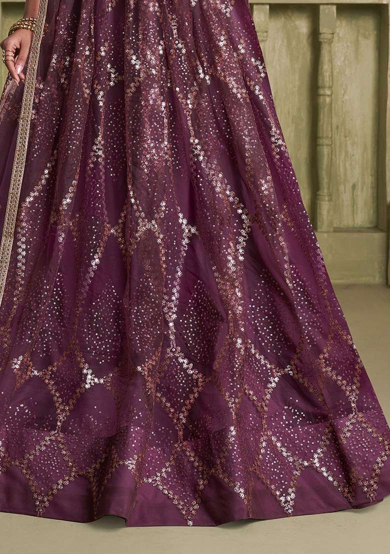 Wine Net Lehenga Set with Embroidered & Sequin for Diwali | Wedding & Festive Wear - Indya