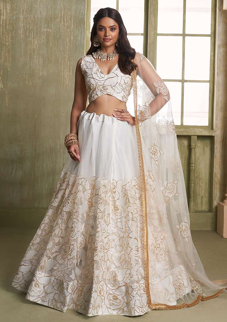Off White Net Lehenga Set with Embroidered for Diwali | Wedding & Festive Wear - Indya