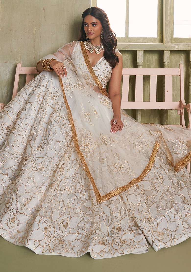 Off White Net Lehenga Set with Embroidered for Diwali | Wedding & Festive Wear - Indya