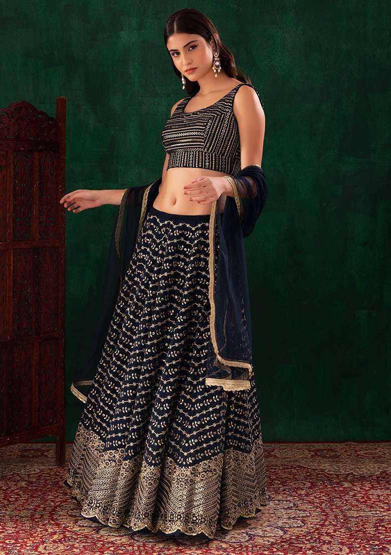 Navy Blue Sequin Embroidered Georgette Lehenga Set - Indya