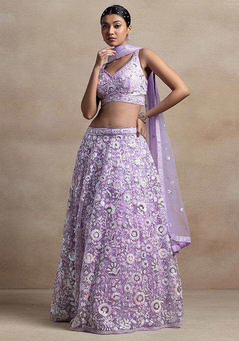 Lavender Sequin Embroidered Net Lehenga Set