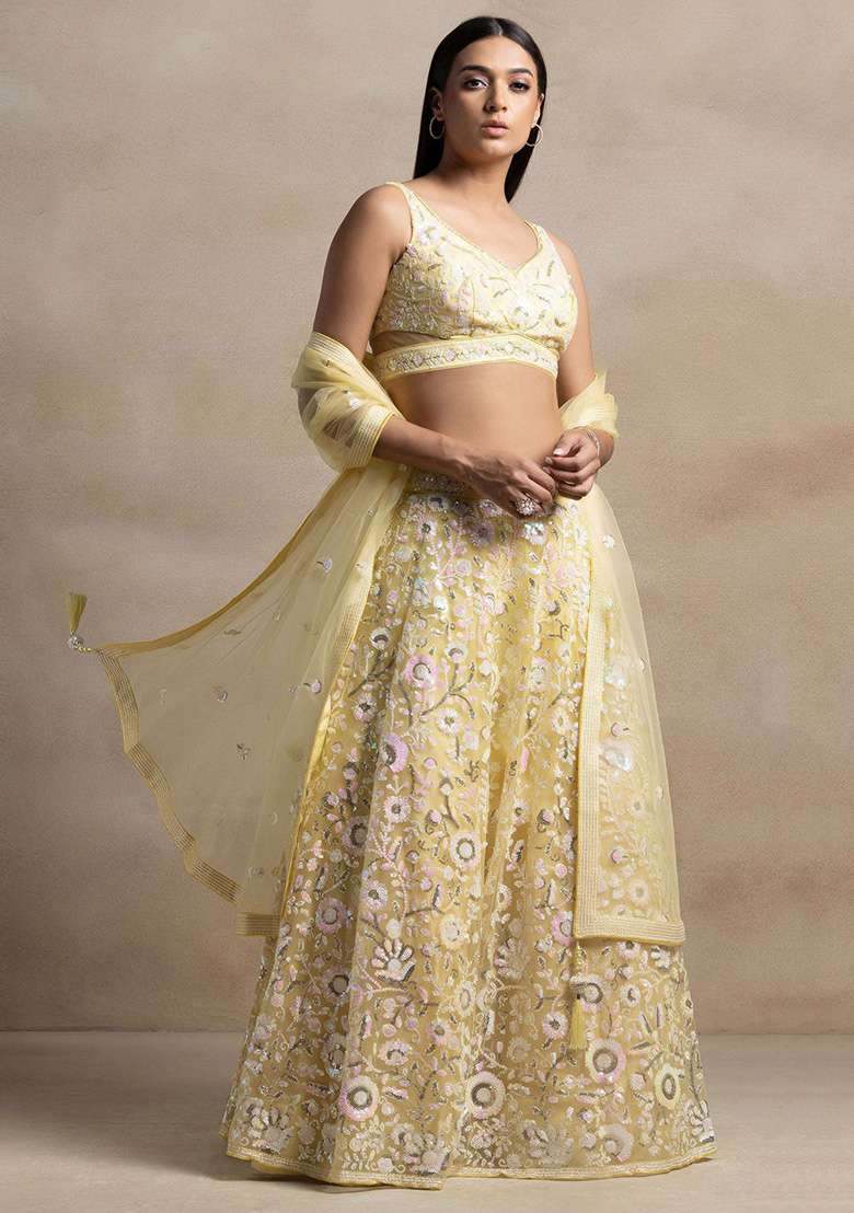 Yellow Sequin Embroidered Net Lehenga Set - Indya