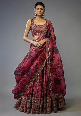 Coral Pink Floral Print Organza Lehenga Set