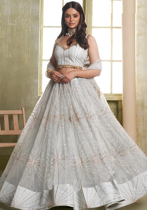 Grey Sequin Embroidered Net Lehenga Set