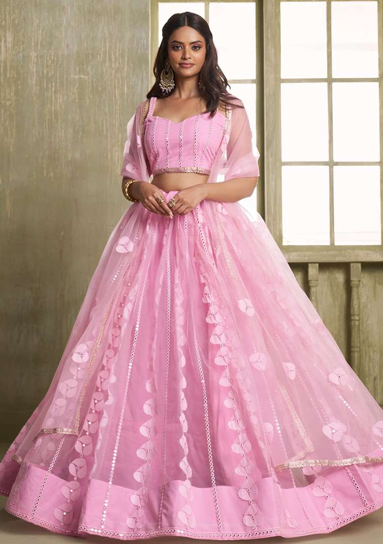 Pink Sequin Embroidered Net Lehenga Set for Diwali and Festive Wear - Indya