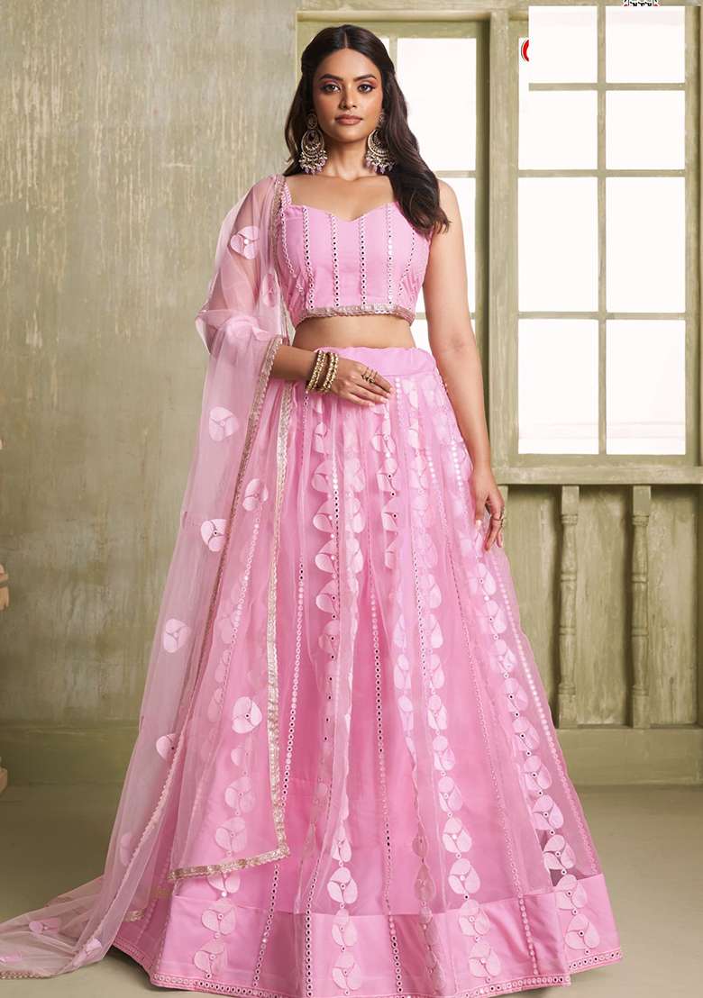Pink Sequin Embroidered Net Lehenga Set for Diwali and Festive Wear - Indya