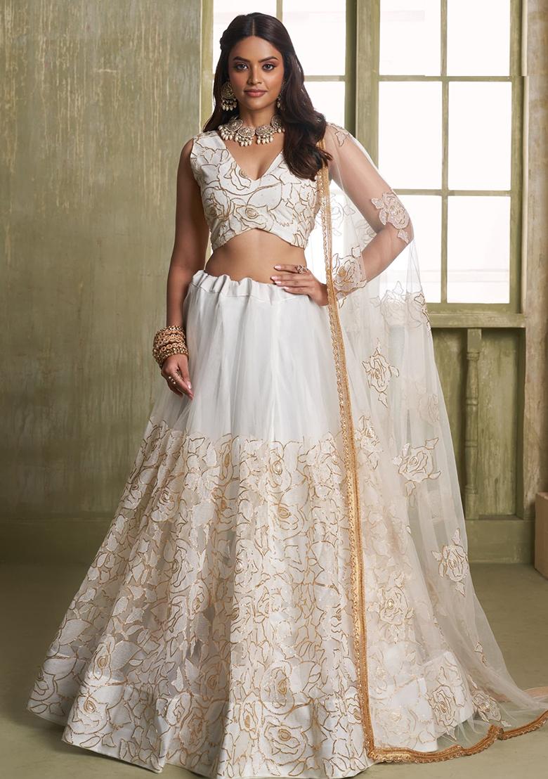 Off White Sequin Embroidered Net Lehenga Set