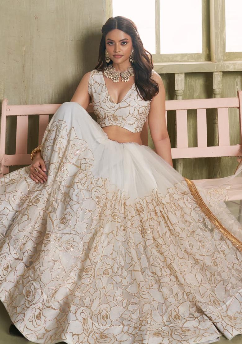 Off White Sequin Embroidered Net Lehenga Set