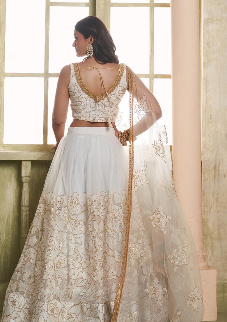 Off White Sequin Embroidered Net Lehenga Set