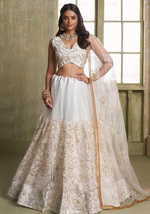 Off White Sequin Embroidered Net Lehenga Set