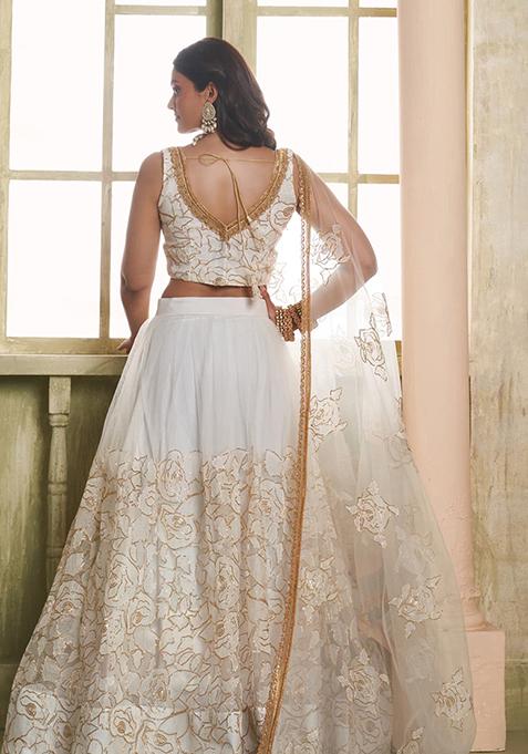 Off White Sequin Embroidered Net Lehenga Set