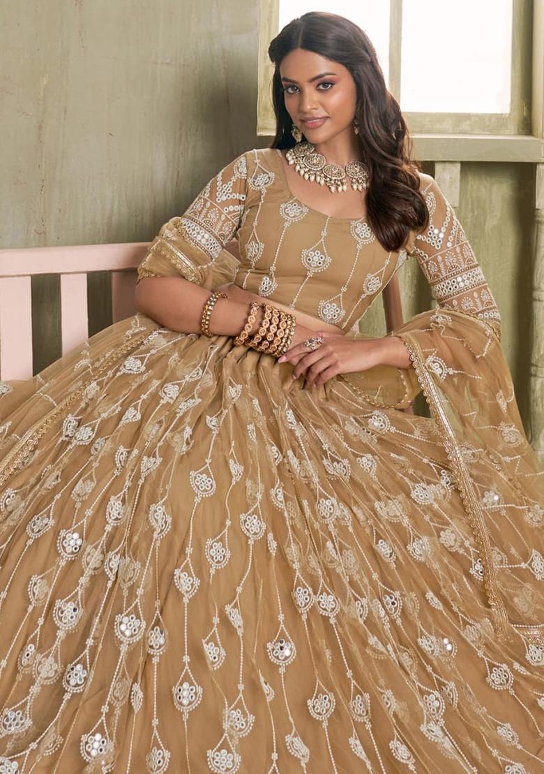 Brown Sequin Embroidered Net Lehenga Set