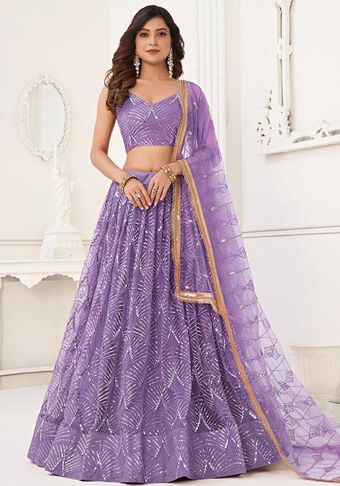 Purple Sequin Embroidered Net Lehenga Set