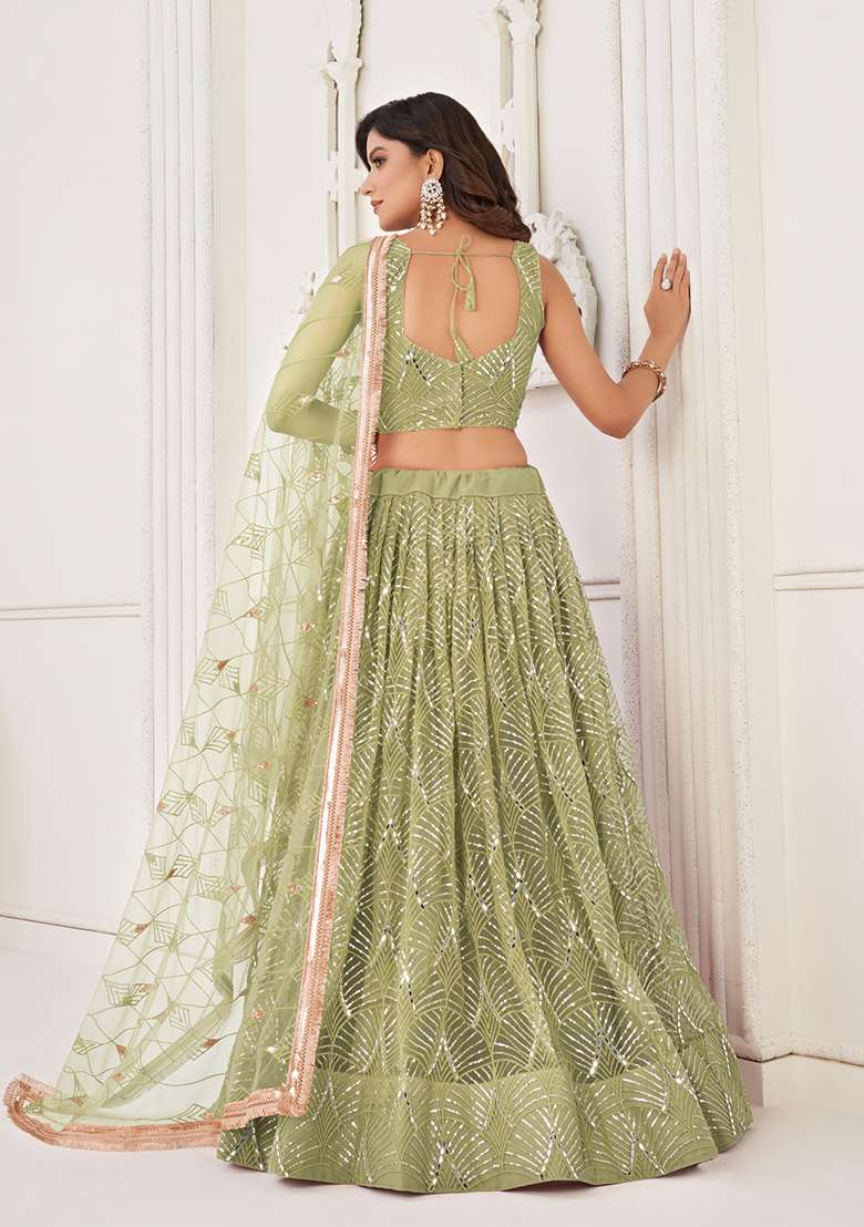 Olive Net Lehenga Set with Embroidered & Sequin for Diwali | Wedding & Festive Wear - Indya