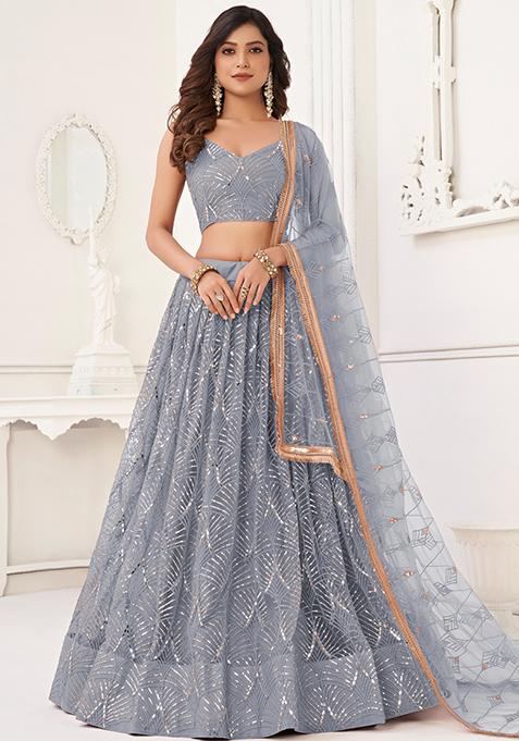 Grey Sequin Embroidered Net Lehenga Set