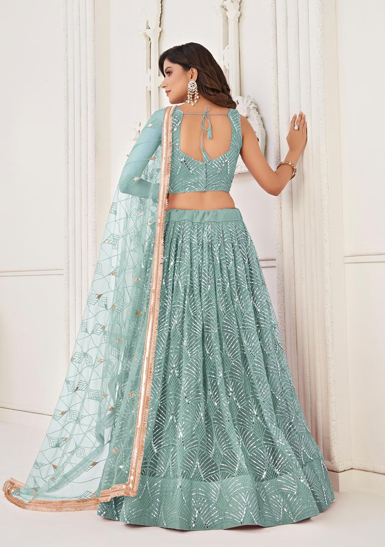 Blue Sequin Embroidered Net Lehenga Set - Indya