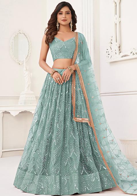 Blue Sequin Embroidered Net Lehenga Set
