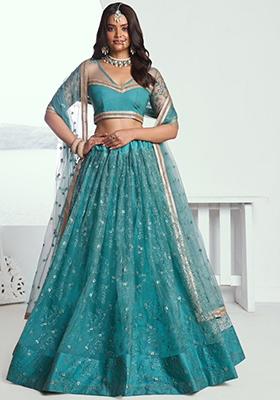 Emerald Green Sequin Embroidered Net Lehenga Set
