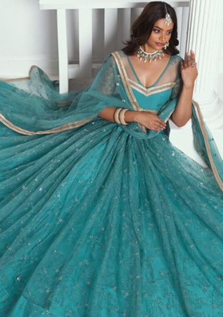 Emerald Green Sequin Embroidered Net Lehenga Set - Indya