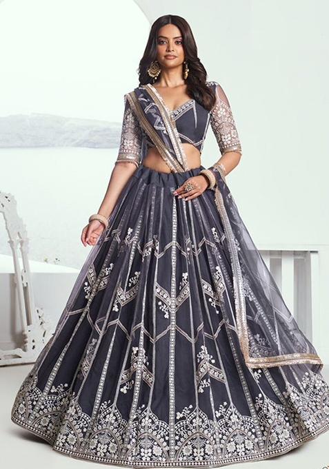 Grey Sequin Embroidered Net Lehenga Set