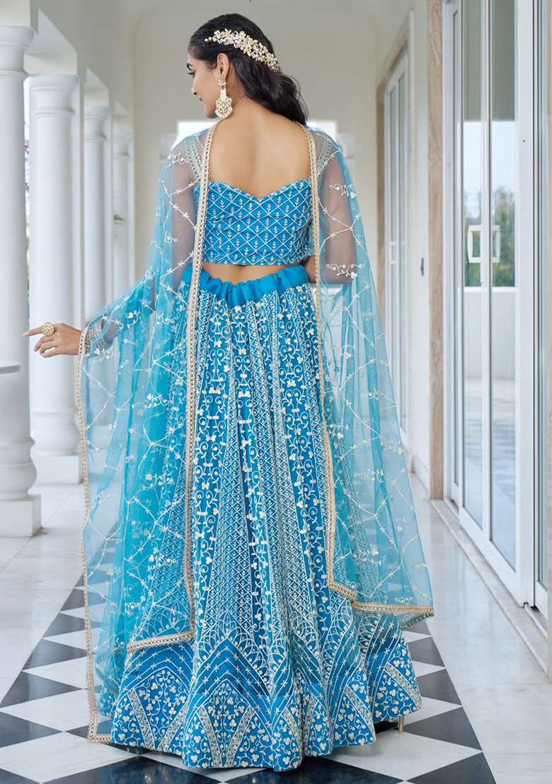 Blue Sequin Embroidered Net Lehenga Set for Diwali and Festive Wear - Indya