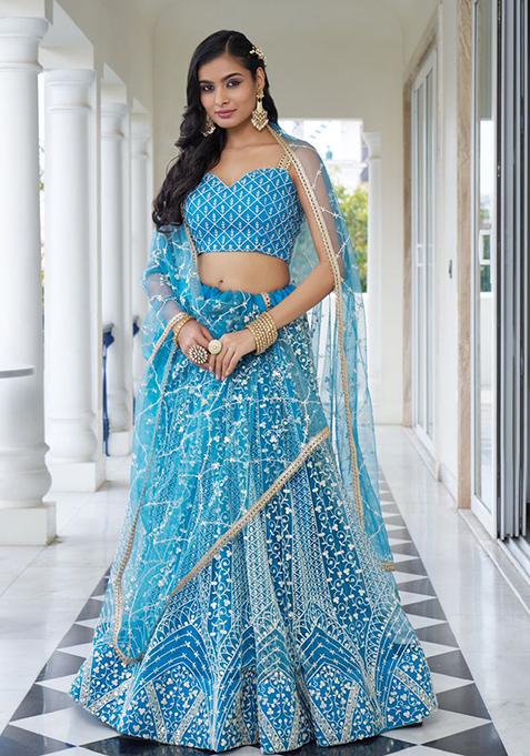 Blue Sequin Embroidered Net Lehenga Set