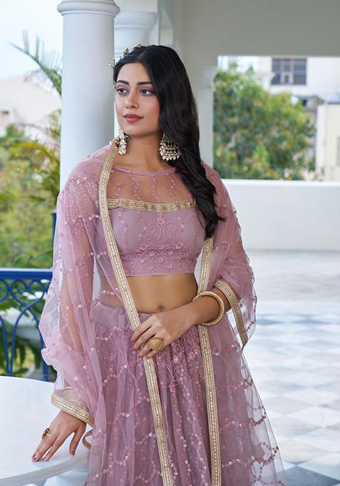 Lavender Sequin Embroidered Net Lehenga Set