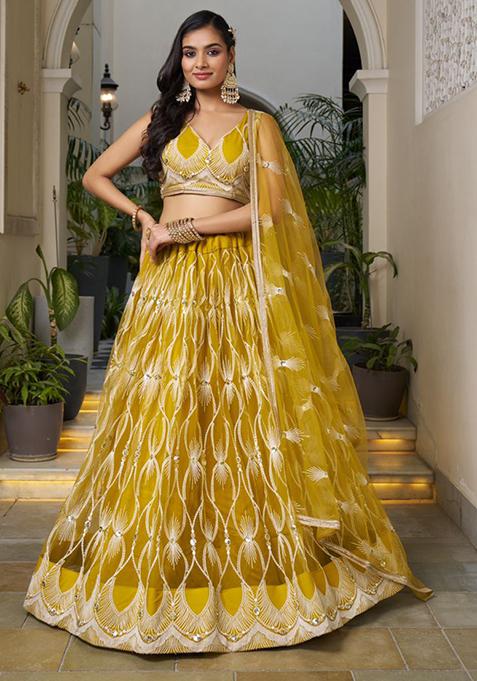 Yellow Sequin Embroidered Net Lehenga Set