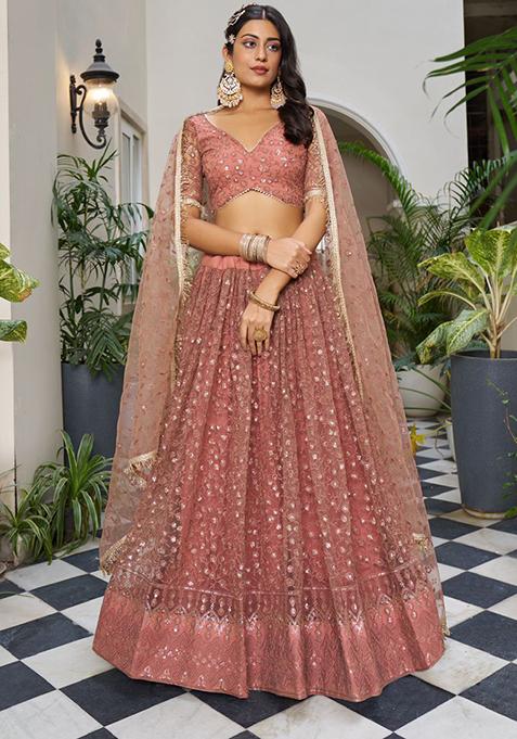 Dusty Pink Sequin Embroidered Net Lehenga Set