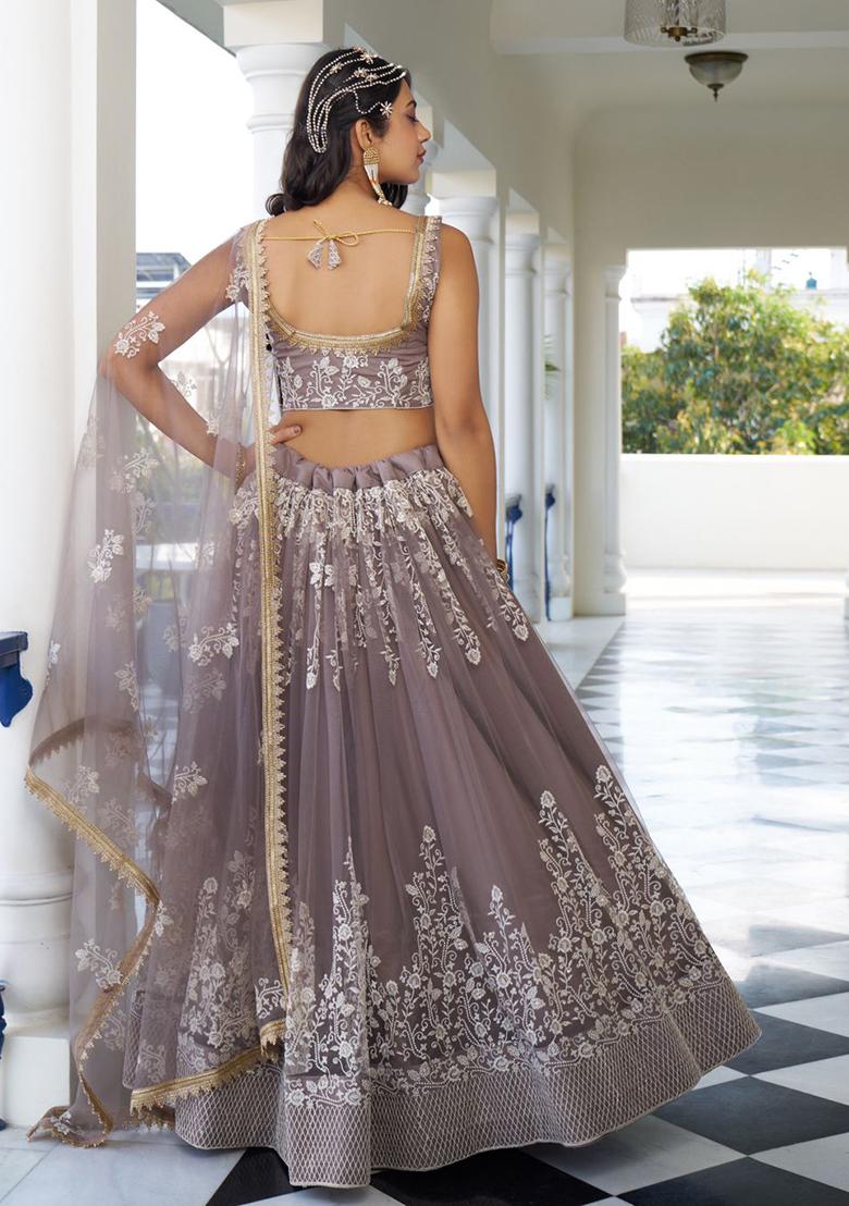 Brown Sequin Embroidered Net Lehenga Set - Indya