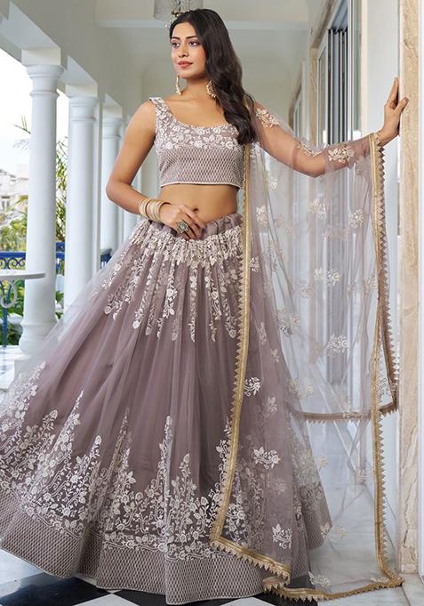 Brown Sequin Embroidered Net Lehenga Set