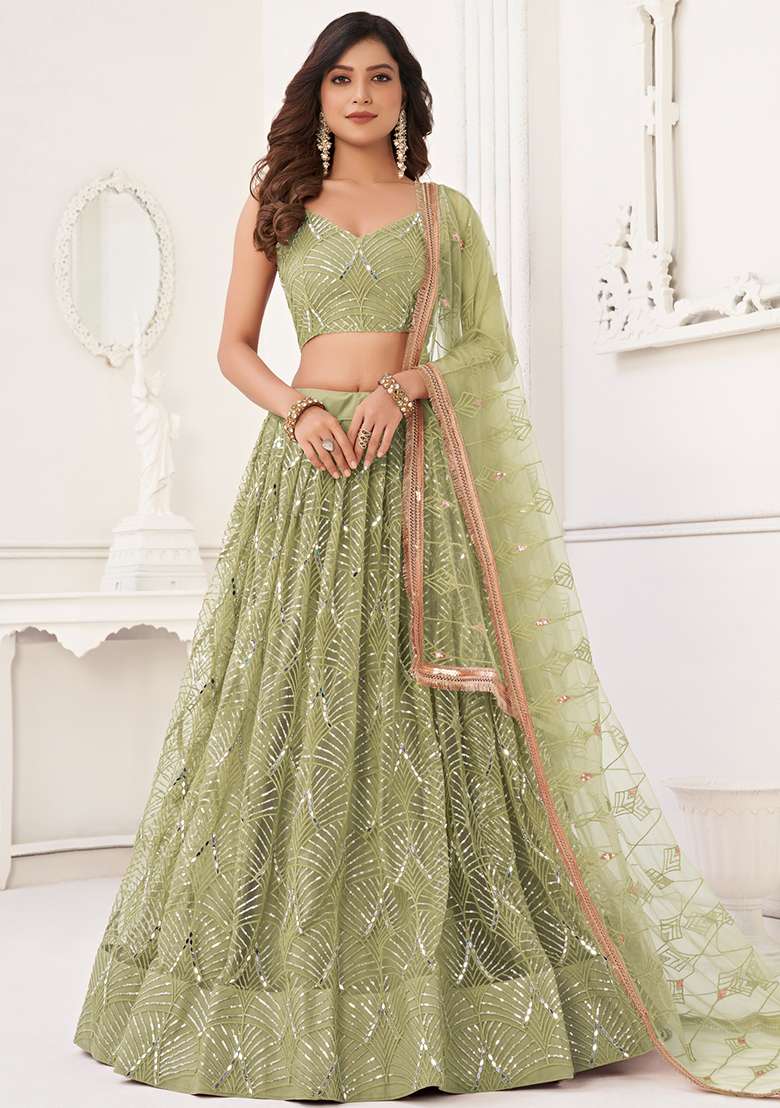 Olive Net Lehenga Set with Embroidered & Sequin for Diwali | Wedding & Festive Wear - Indya