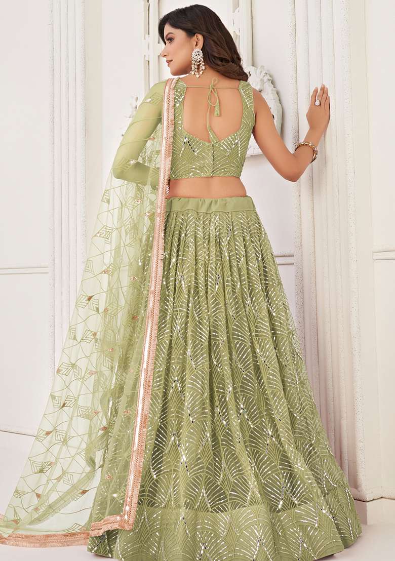 Olive Net Lehenga Set with Embroidered & Sequin for Diwali | Wedding & Festive Wear - Indya