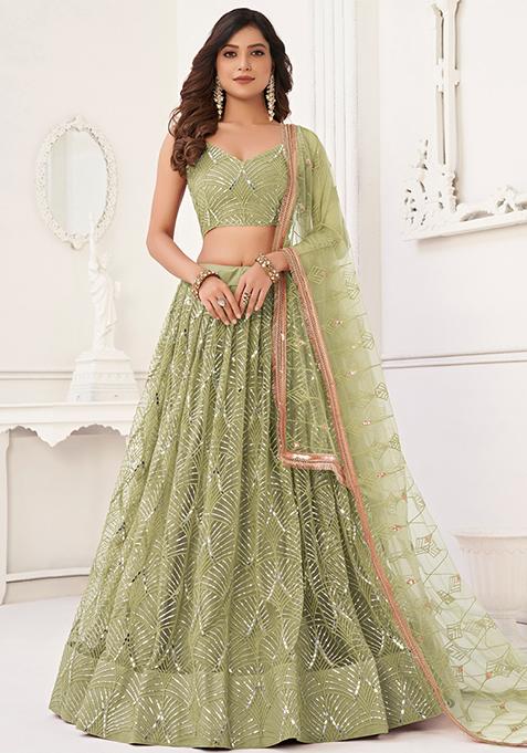 Olive Sequin Embroidered Net Lehenga Set