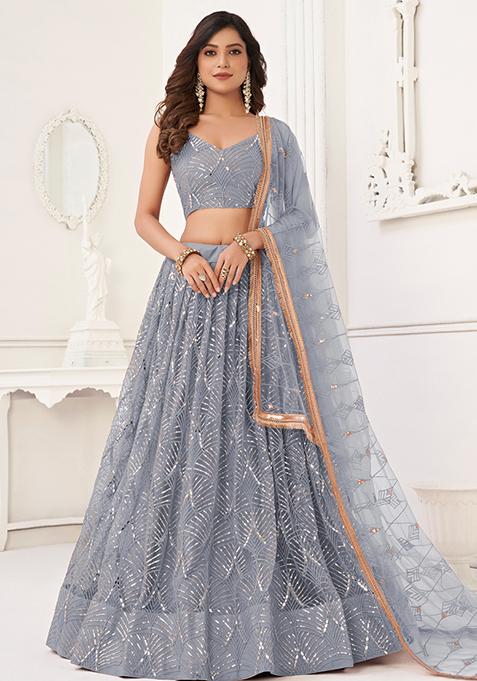 Grey Sequin Embroidered Net Lehenga Set