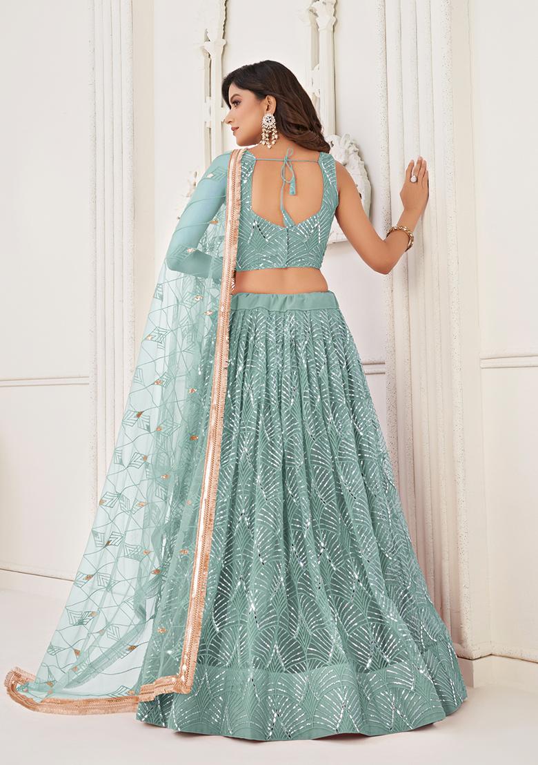 Blue Sequin Embroidered Net Lehenga Set - Indya