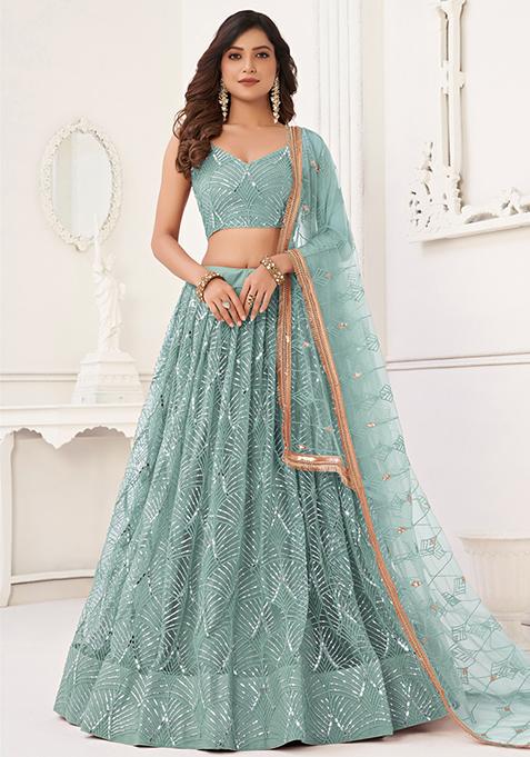 Blue Sequin Embroidered Net Lehenga Set