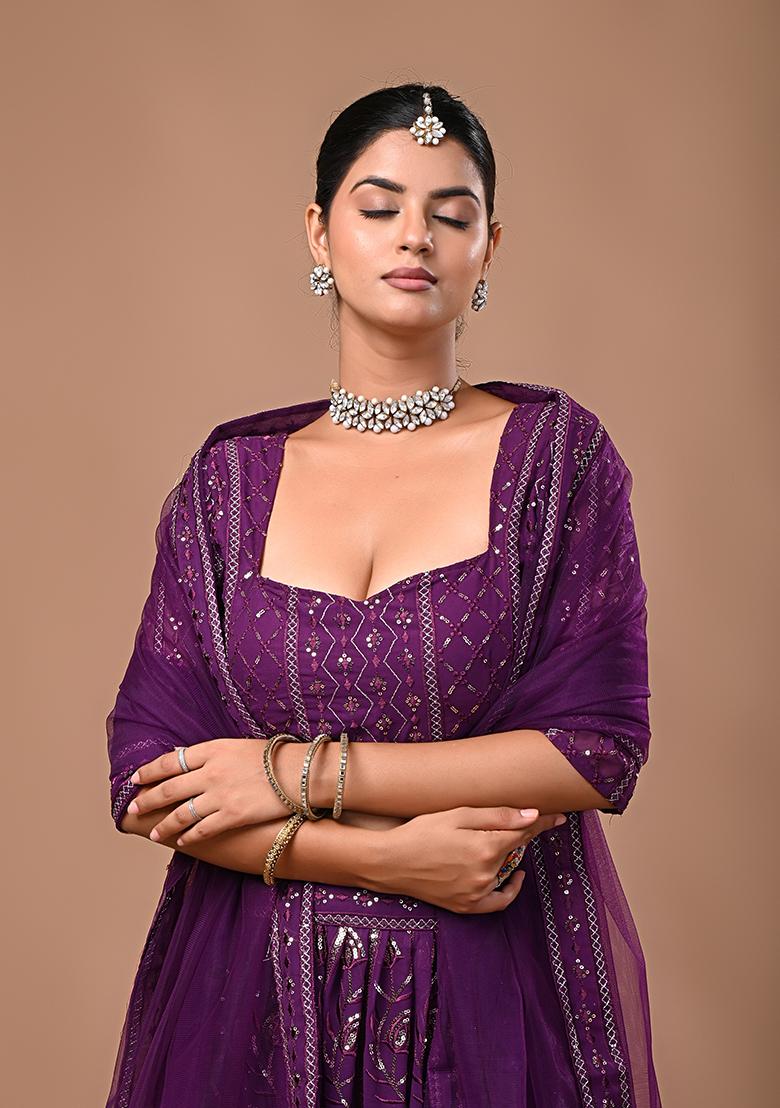 Magenta Embroidered Georgette Lehenga Set